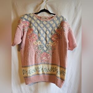 Vintage Casual Corner Medium Sweater Pastel Pink & Blue Knit Floral